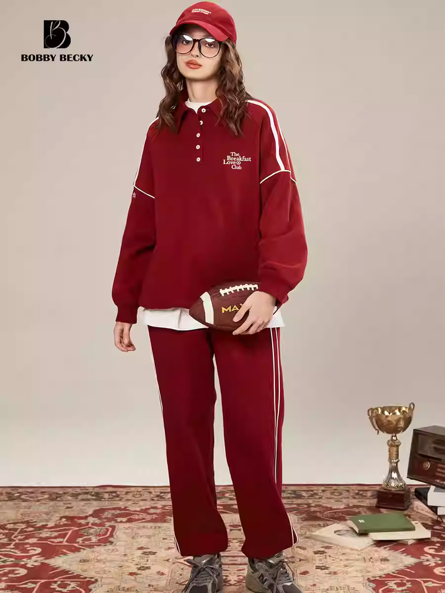 American Retro College Polo-neck Color-block Sweatshirt and Pants Women's Spring New Loose Fit Set