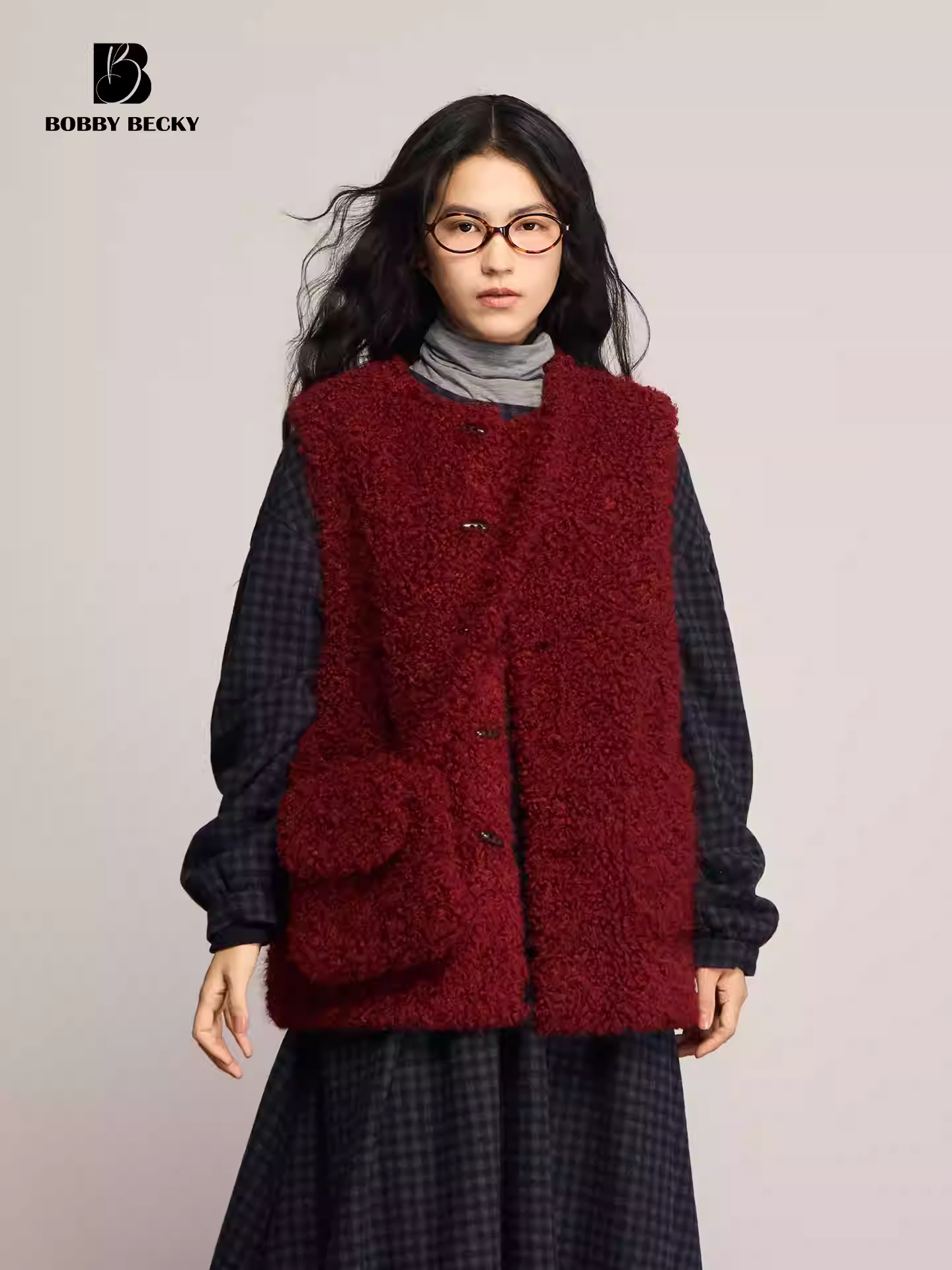 Retro, casual faux cashmere round-neck thermal vest, slung bag
